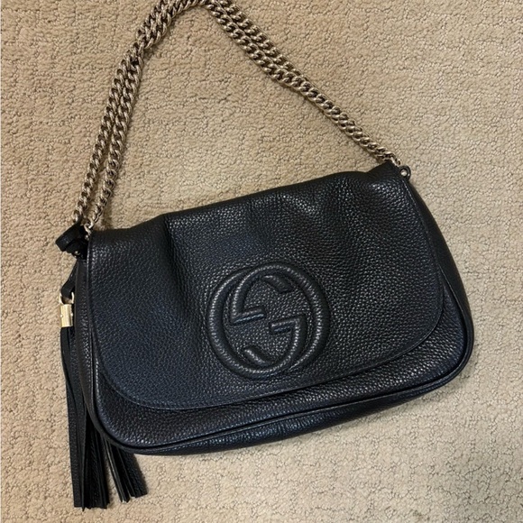 Gucci Soho Disco GG Black Calf Leather Tassel Chain Crossbody Bag - Picture 1 of 12